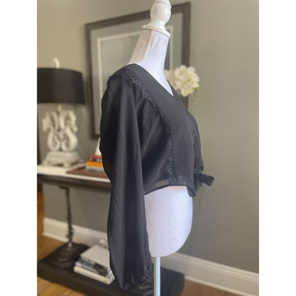 WAYF Lace Trim Knotted Long Sleeve Blouse Black Women's Size M - Picture 6 of 11